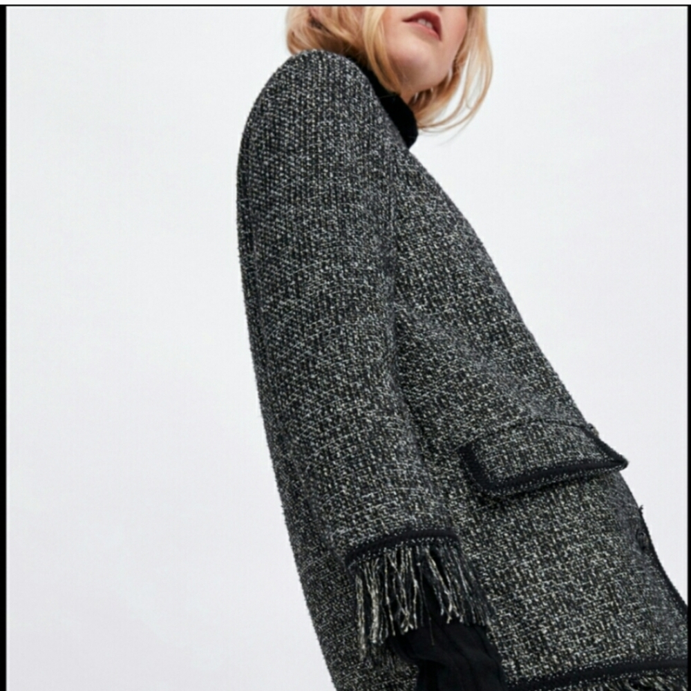 ZARA WOMEN BLACK TWEED JACKET WITH METALLIC THREAD SIZE XS - Picture 3 of 9